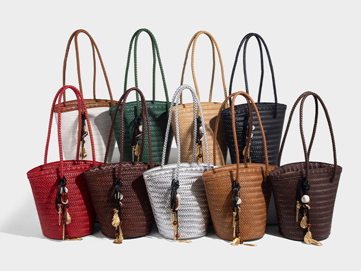 Boho Real Leather Woven Bucket Tote Bag Brown