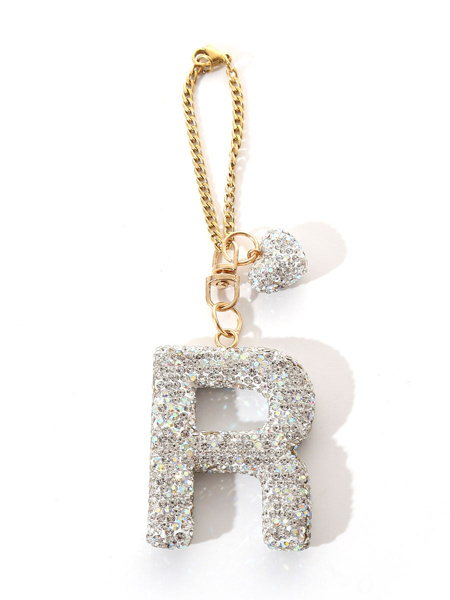 Custom Rhinestone Letter Heart Keychain