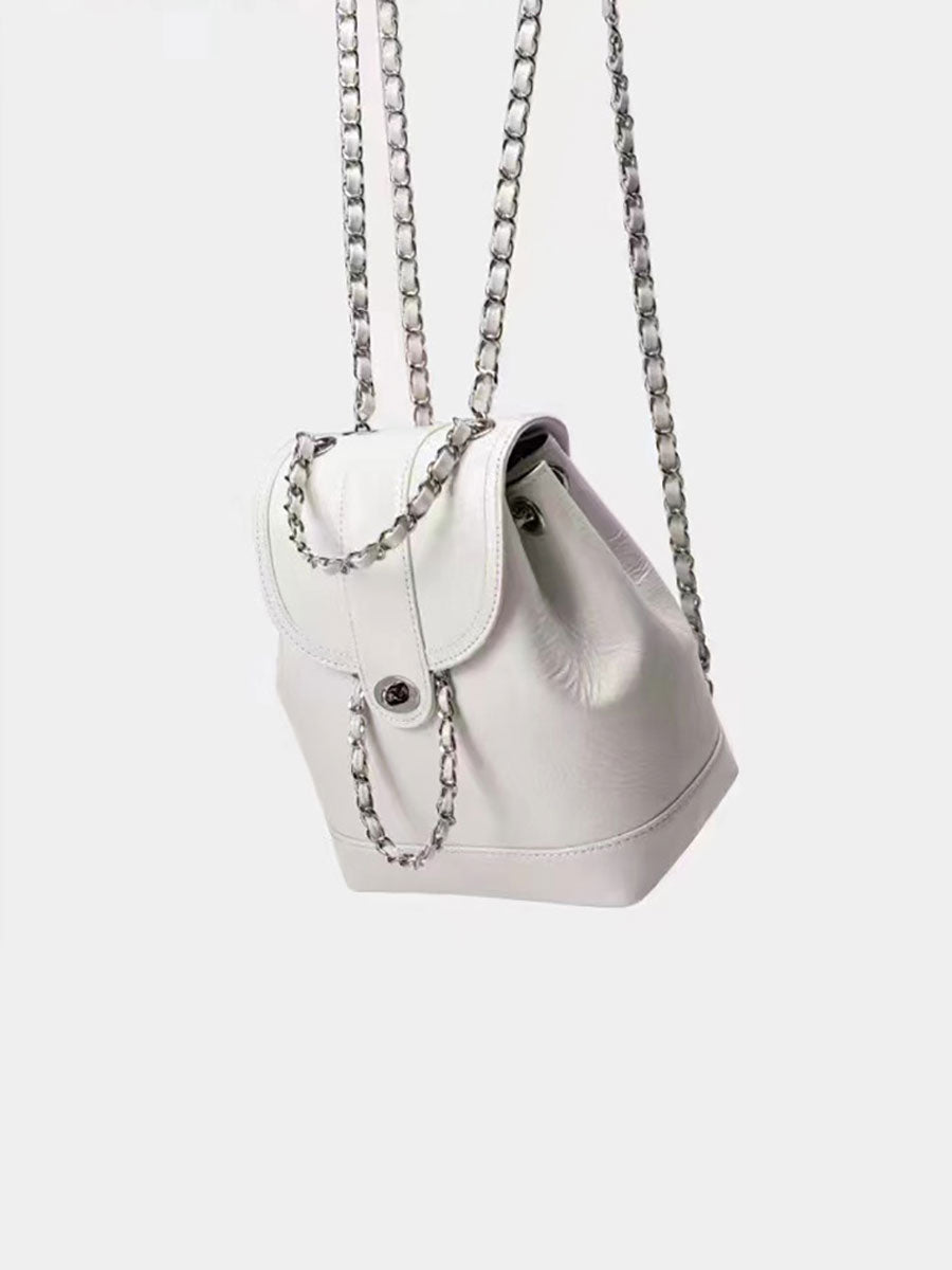 Small Chain Leather Backpack White