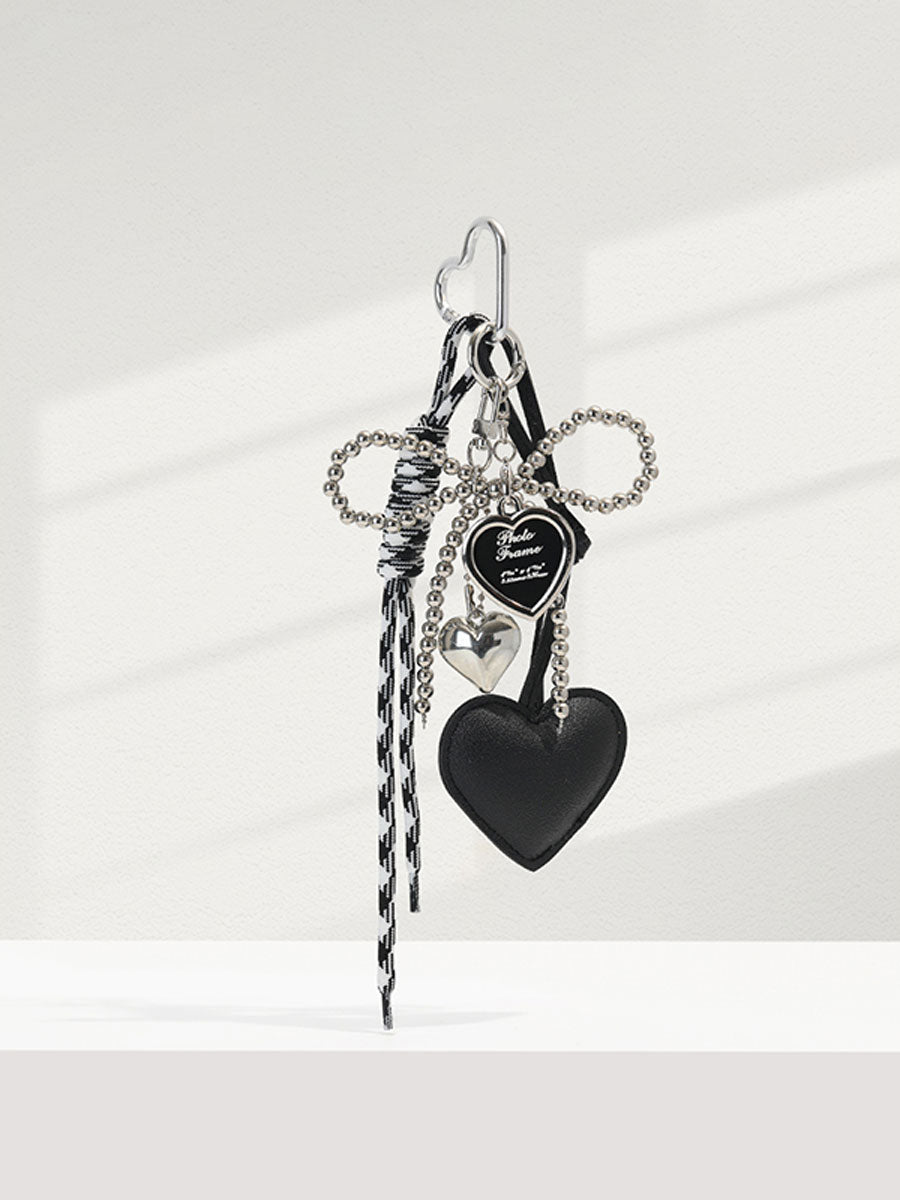 Silver Bead Bow Bag Charm – Chic Leather Heart Keychain Pendant for Women