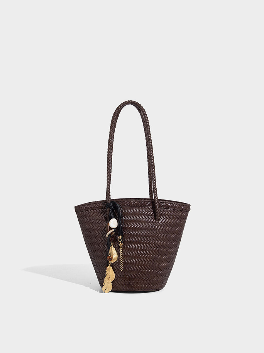 Boho Real Leather Woven Bucket Tote Bag Coffee