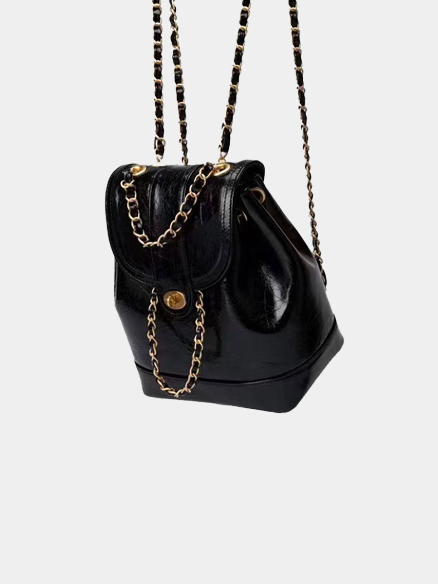 Small Chain Leather Backpack Black