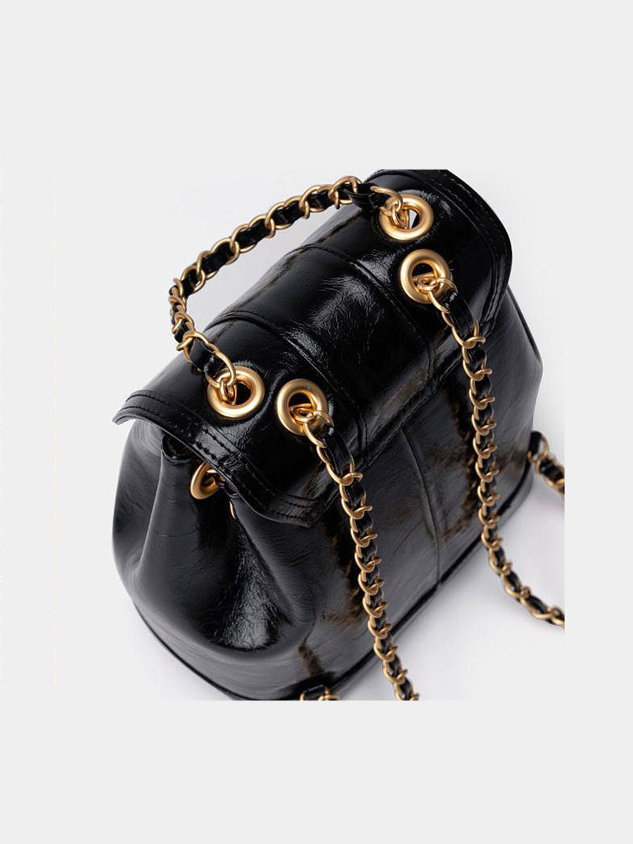 Small Chain Leather Backpack Black