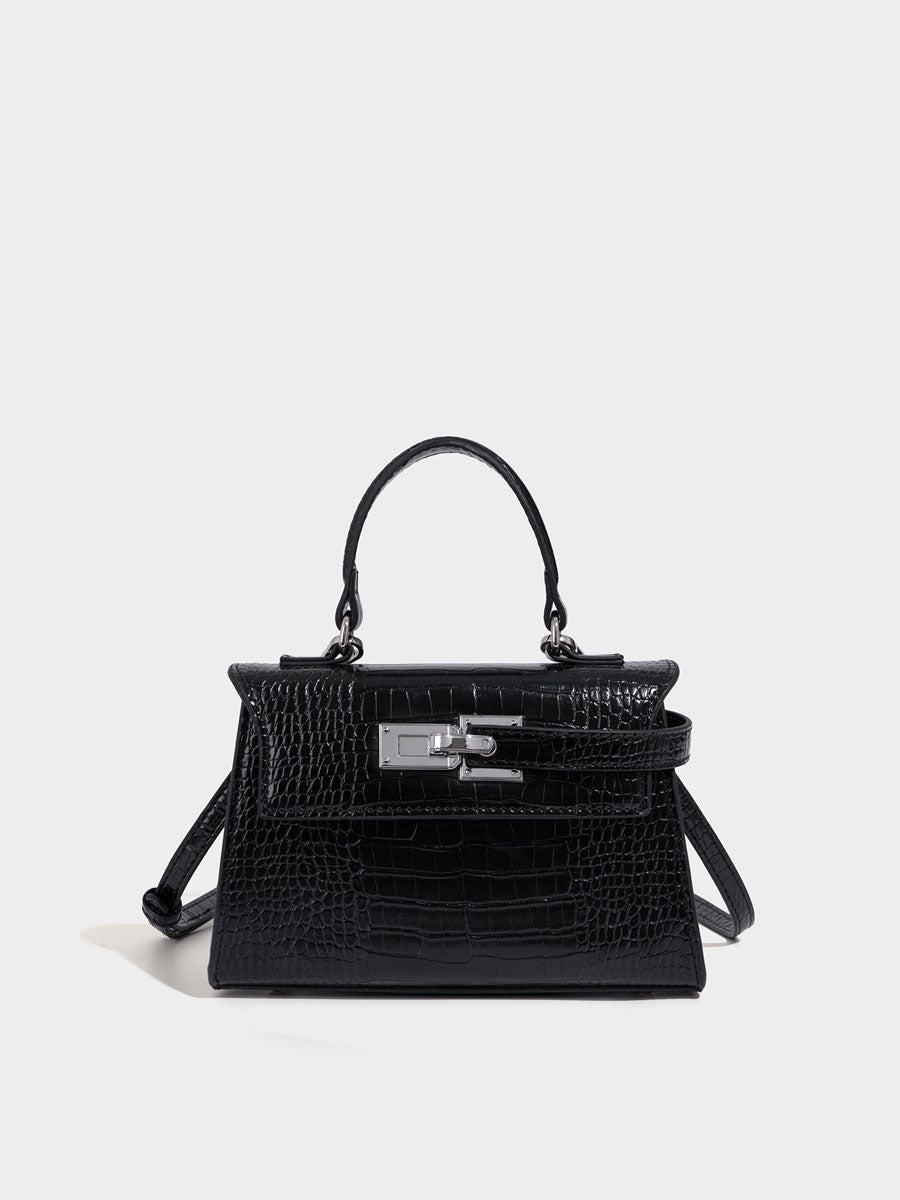 Genuine Leather Croc Embossed Trapeze Crossbody Bag Black
