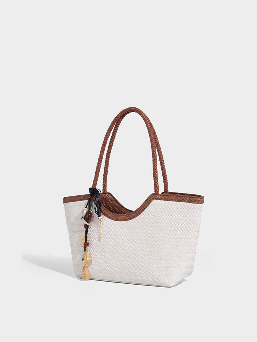 Boho Real Leather Woven Tote Bag Brown
