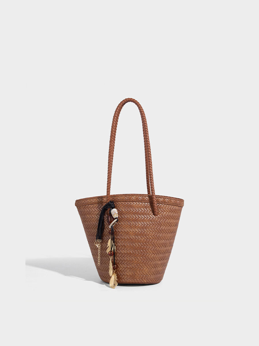 Boho Real Leather Woven Bucket Tote Bag Brown