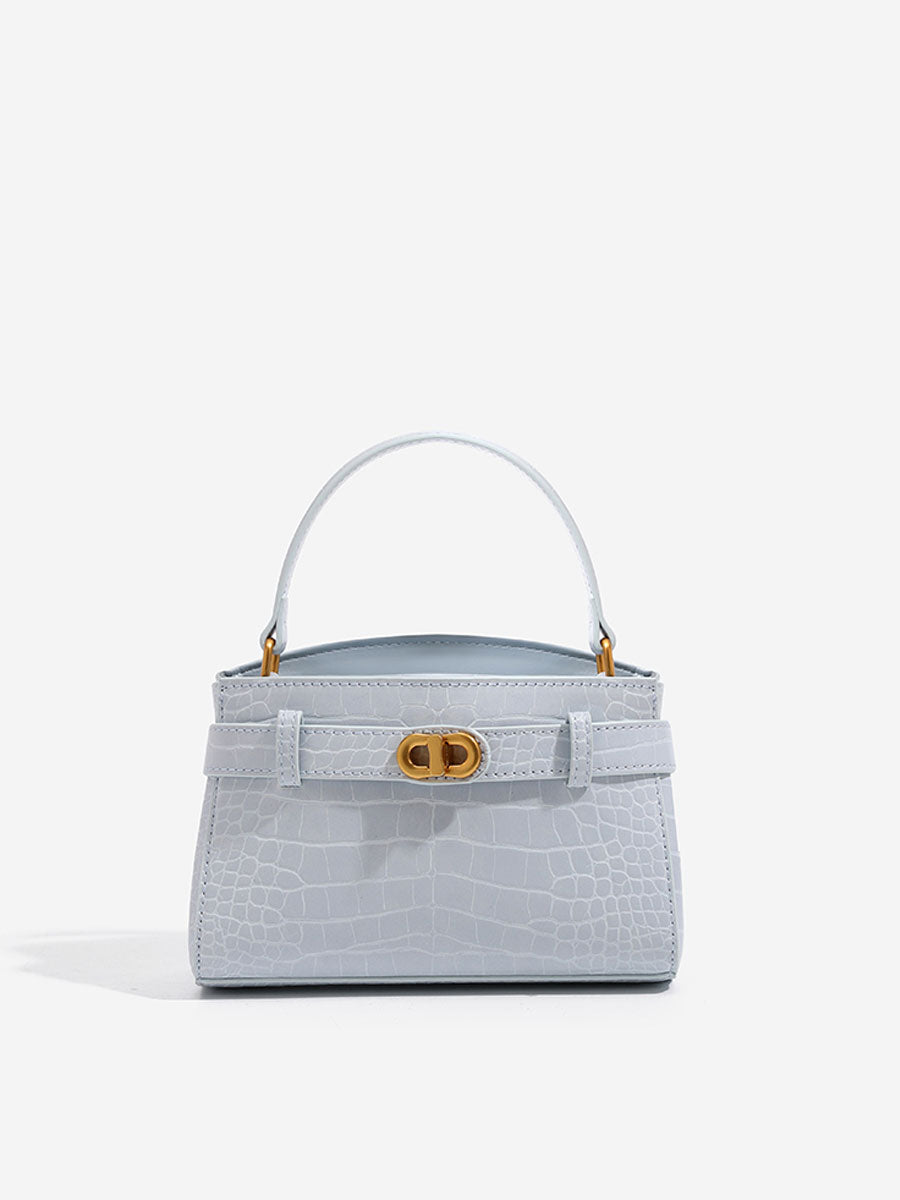 Croc Embossed Real Leather shoulder Handbag Blue