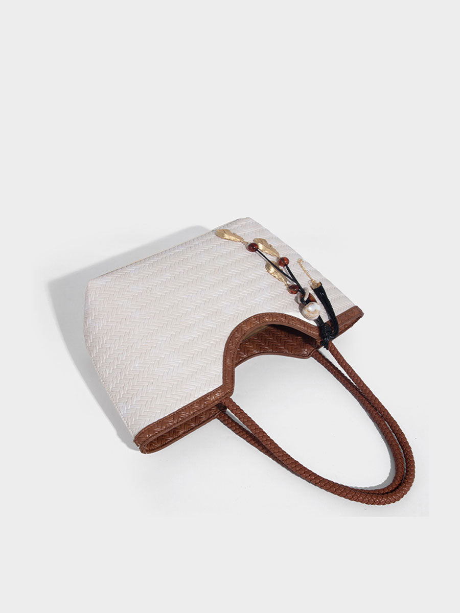 Boho Real Leather Woven Tote Bag Brown