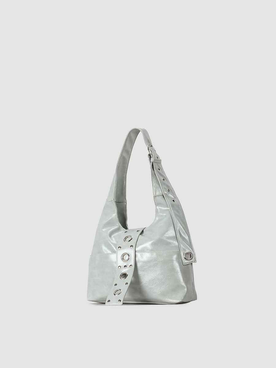 Large Patent Leather Hobo Bag with Grommet Strap White