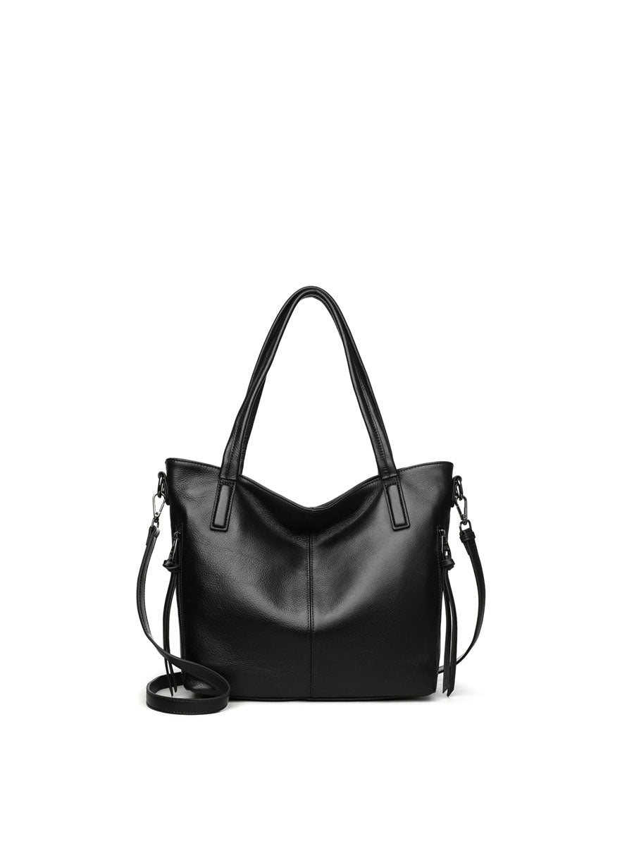 Genuine Leather Tote Bag With Zipper Black