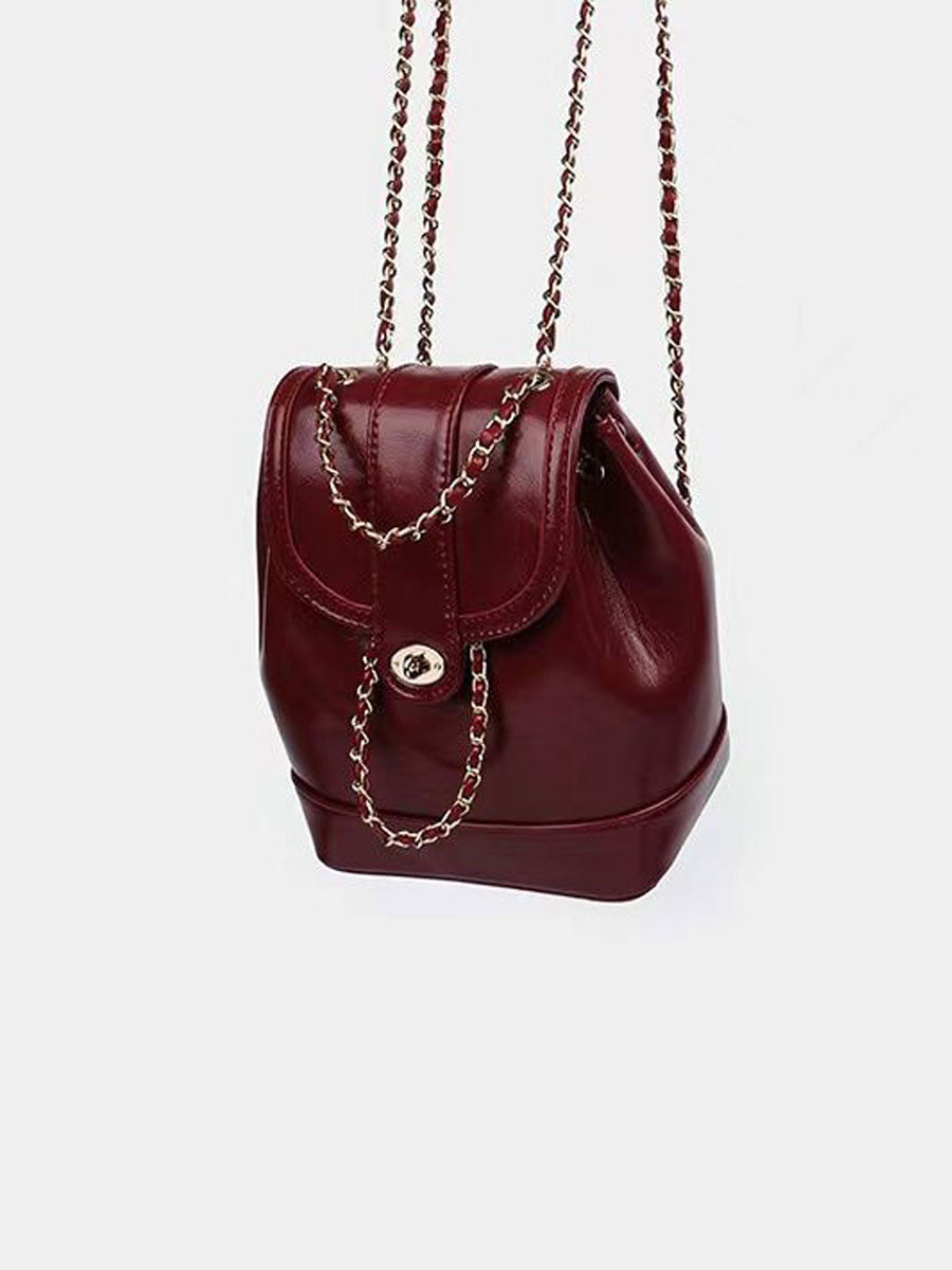 Small Chain Leather Backpack Red