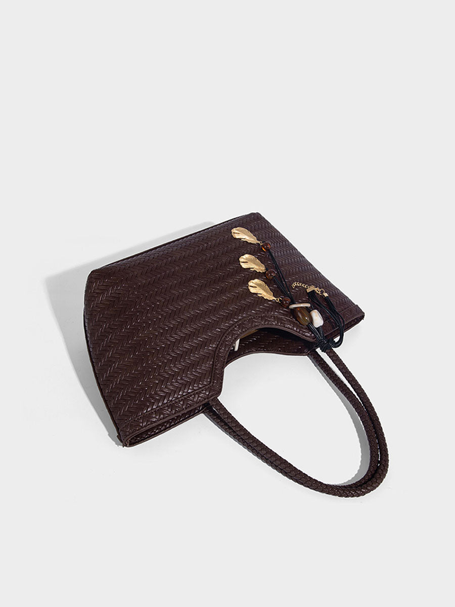 Boho Real Leather Woven Tote Bag Brown