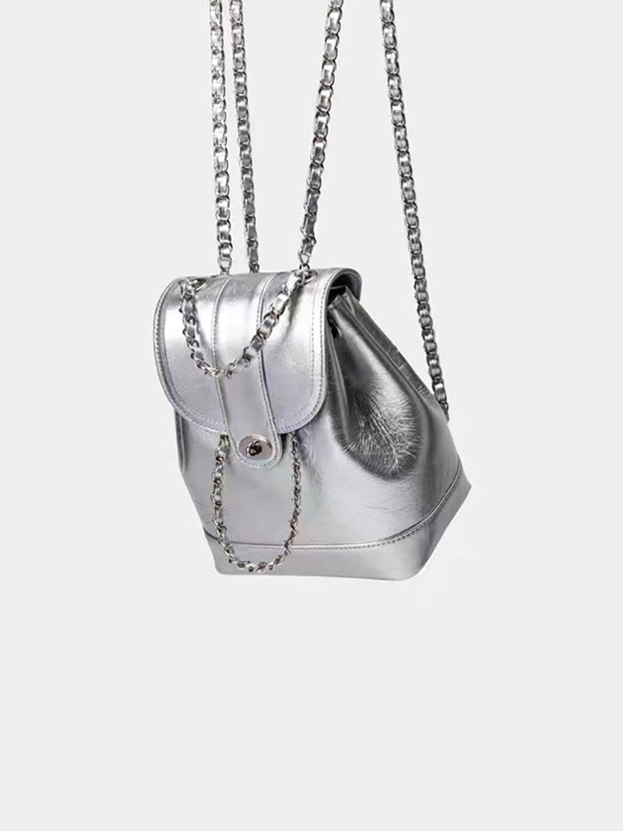 Small Chain Leather Backpack Silver