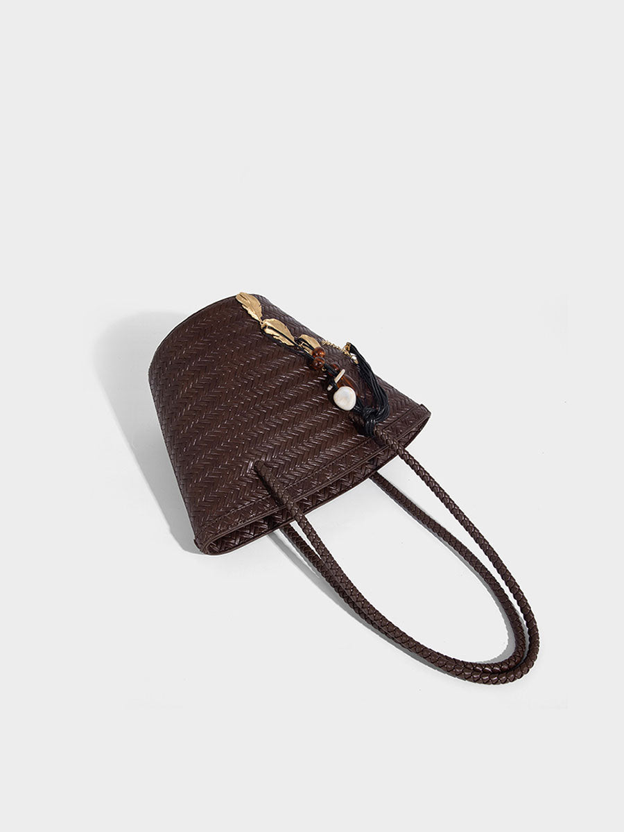 Boho Real Leather Woven Bucket Tote Bag Brown