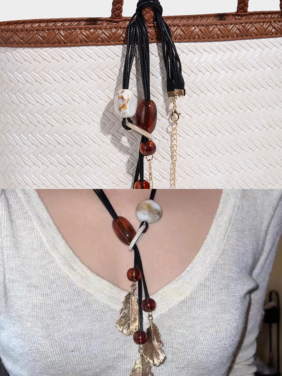 Boho Real Leather Woven Tote Bag Brown