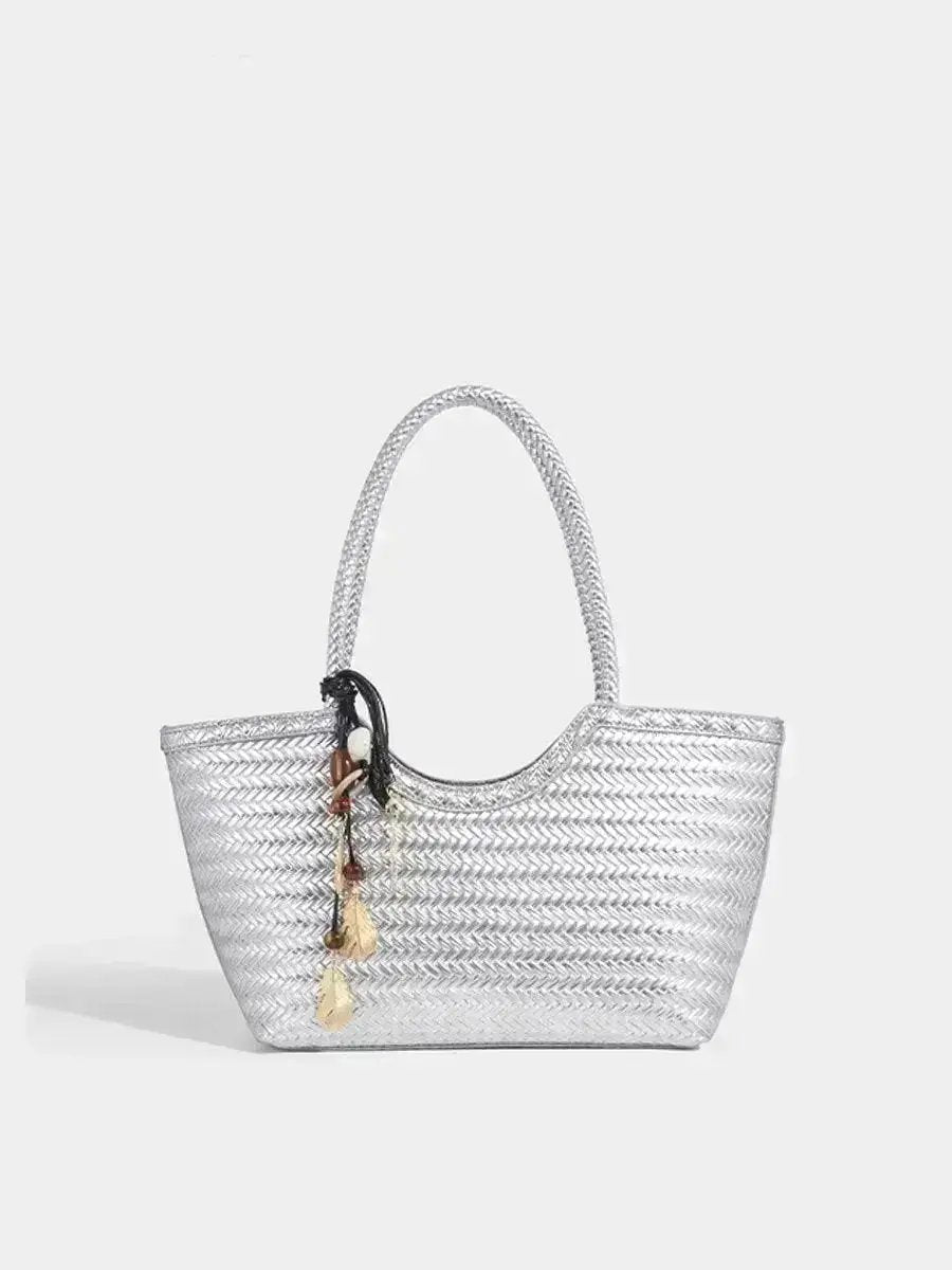 Boho Real Leather Woven Tote Bag Silver – Handmade Straw Shoulder