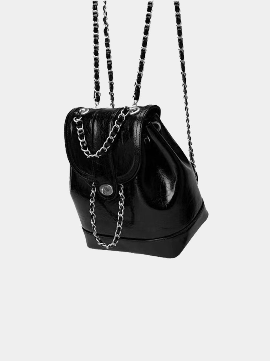 Small Chain Leather Backpack Black