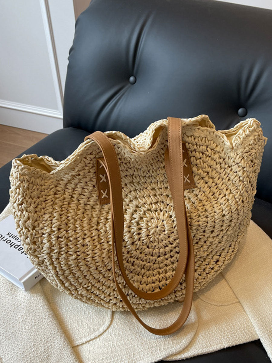 Large Woven Straw Tote Bag Beige