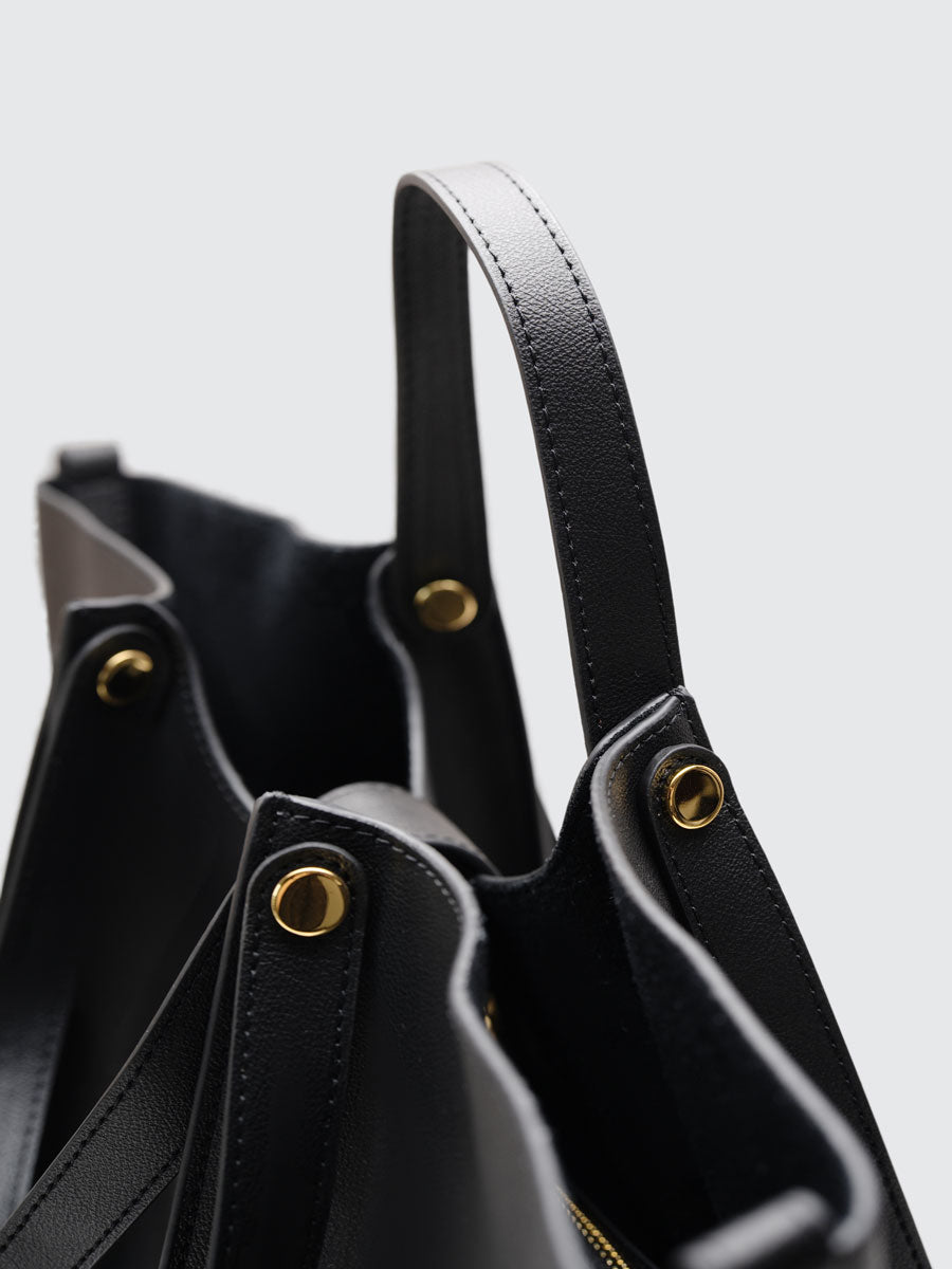 Oversize Real Leather Tote Bag with Gold Clasp Black