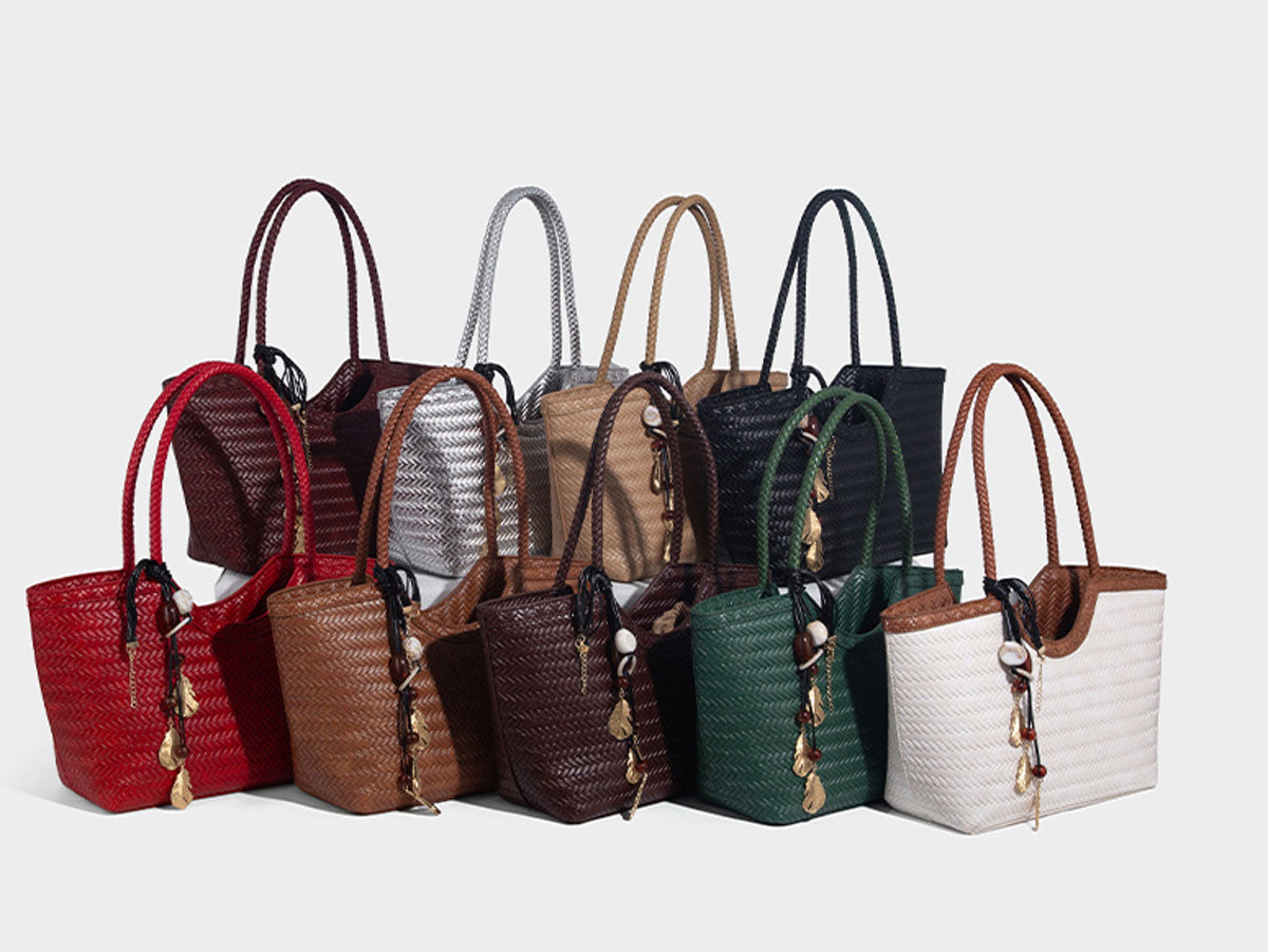 Boho Real Leather Woven Tote Bag Reddish Brown
