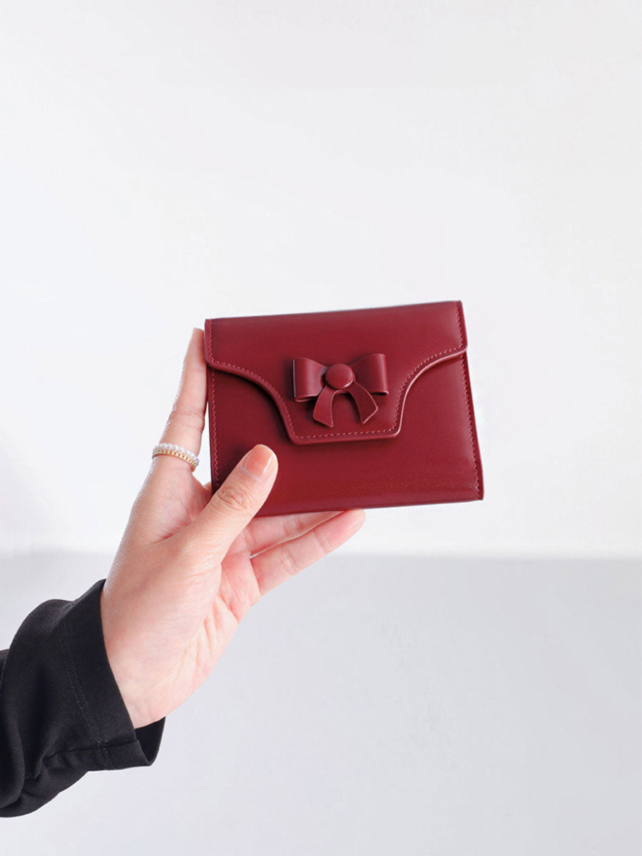 Genuine Leather Bow Short Wallet Red