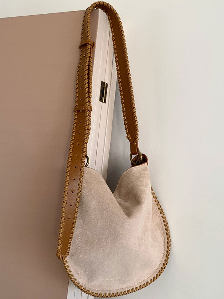 Vintage Suede Hobo Shoulder Bag Beige Small