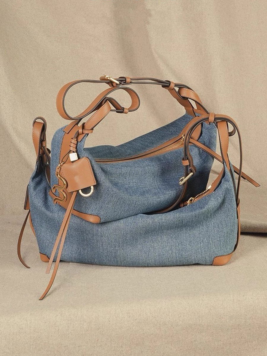 Denim Leather Crescent Baguette Bag Small Size