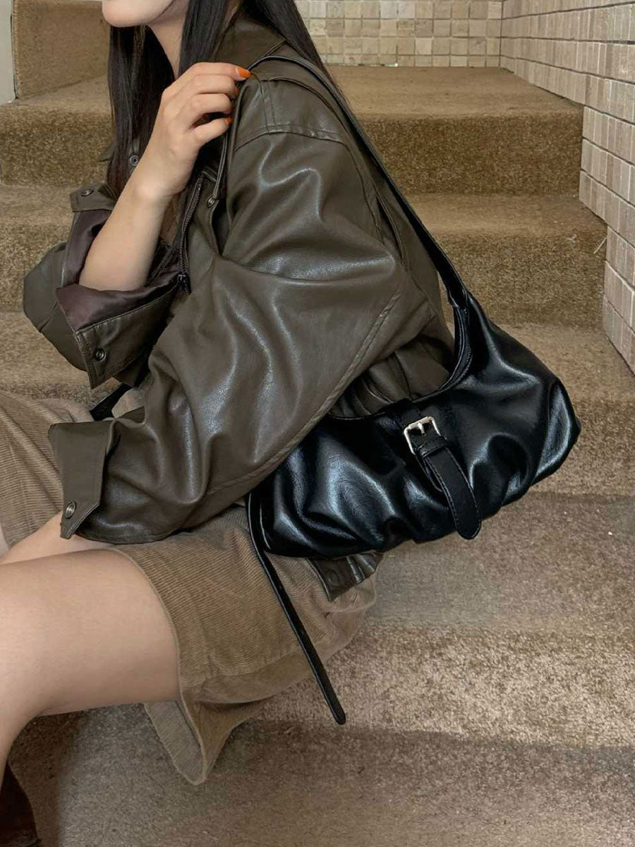 Leather Buckle Shoulder Bag Brown
