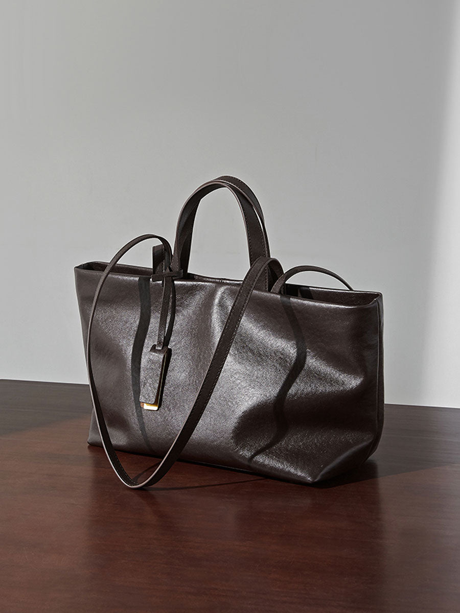 Oversize Genuine Leather Dual Handle Tote Bag Coffee