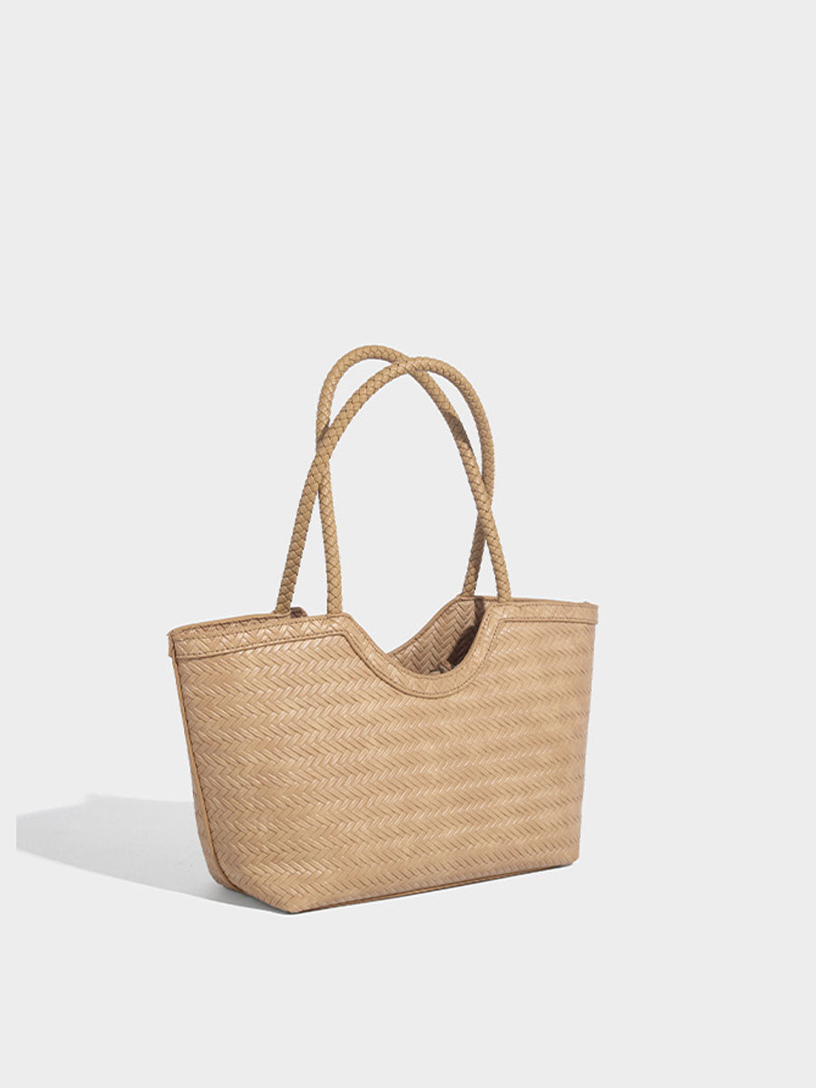 Boho Real Leather Woven Tote Bag Reddish Brown