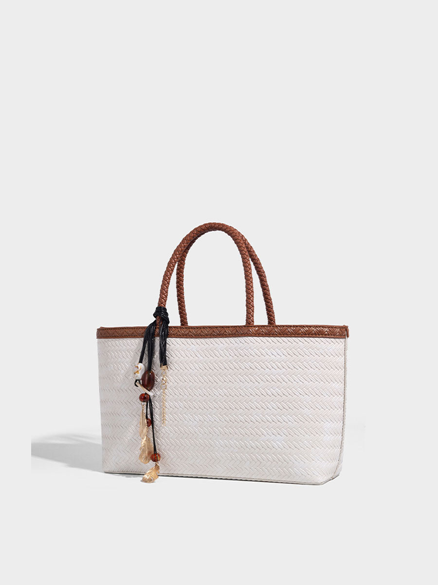 Real Leather Woven Tote Basket Bag White