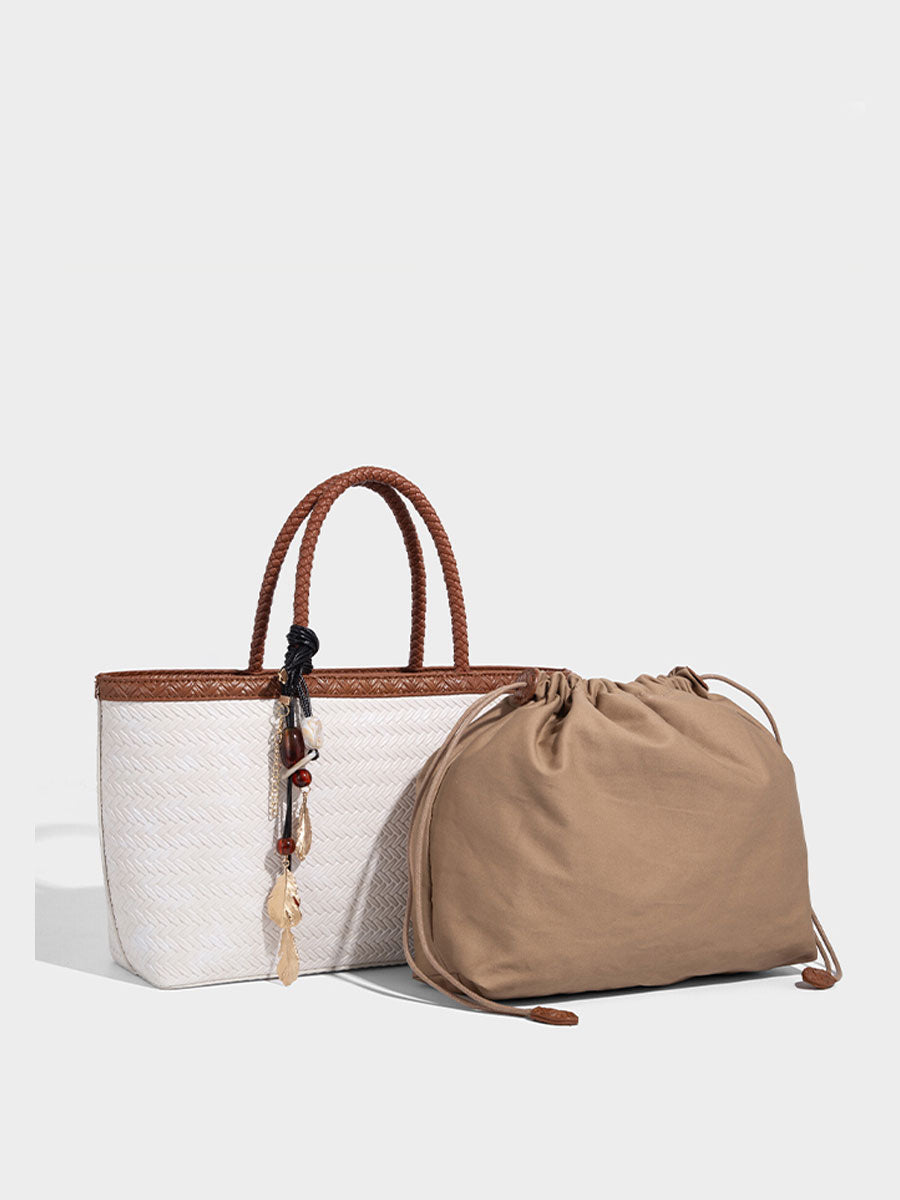 Real Leather Woven Tote Basket Bag White