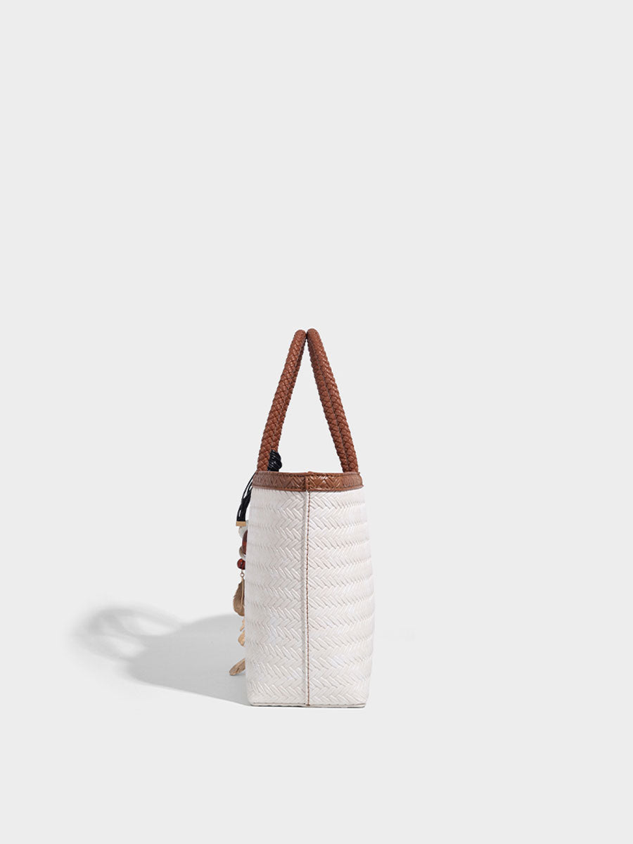 Real Leather Woven Tote Basket Bag White