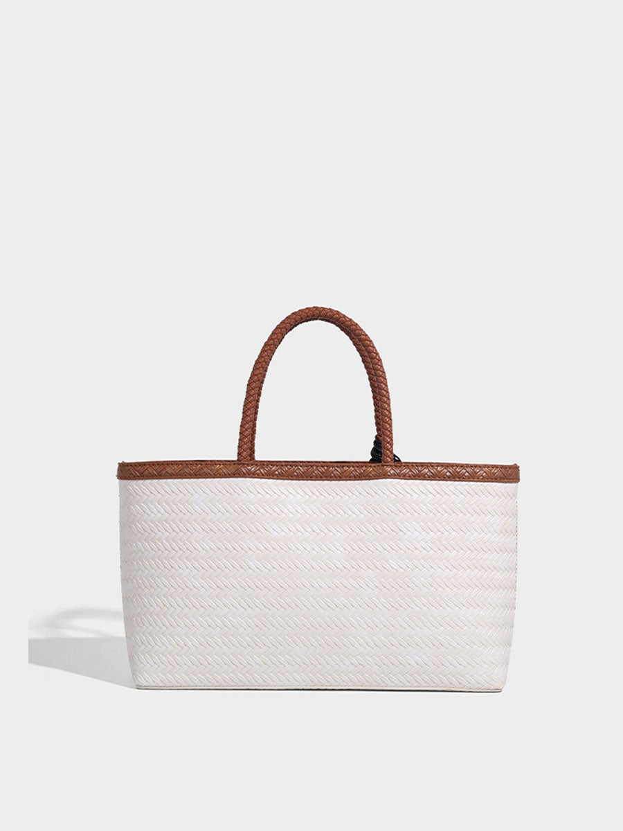 Real Leather Woven Tote Basket Bag White