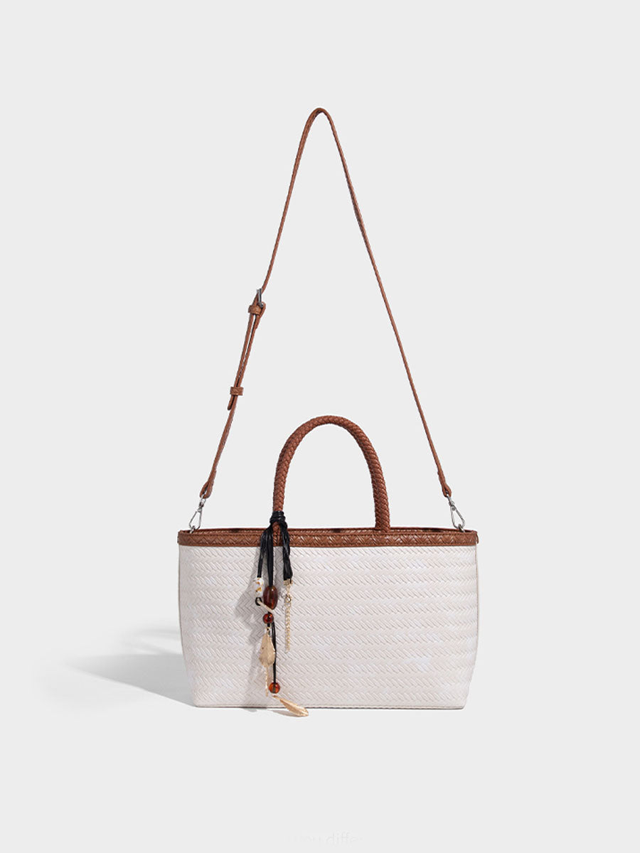 Real Leather Woven Tote Basket Bag White