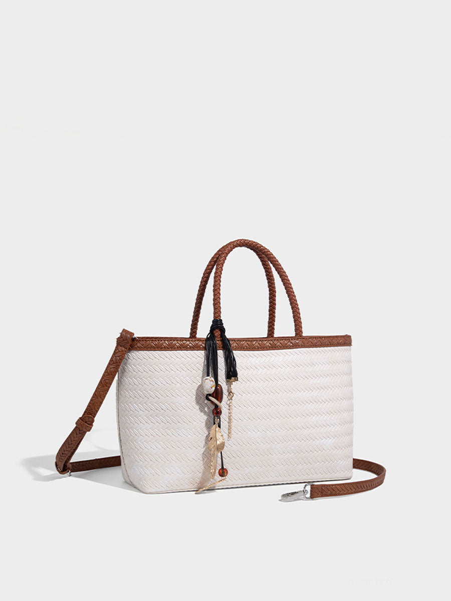 Real Leather Woven Tote Basket Bag White