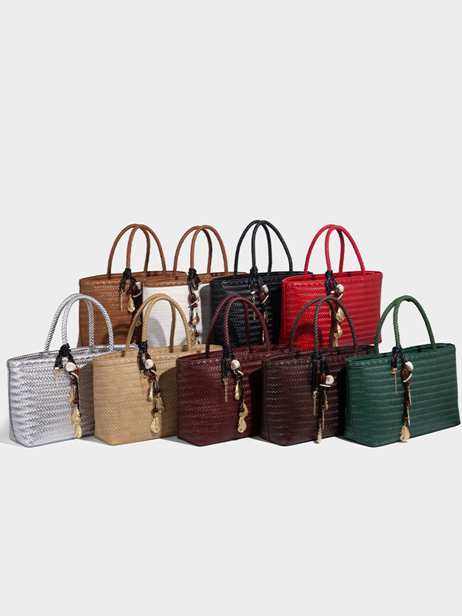 Real Leather Woven Tote Basket Bag White
