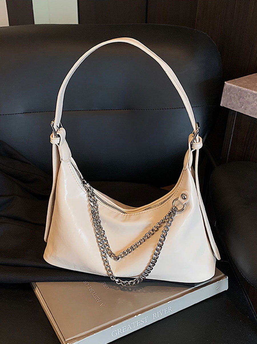 Chic Leather Underarm Bag with Chain White