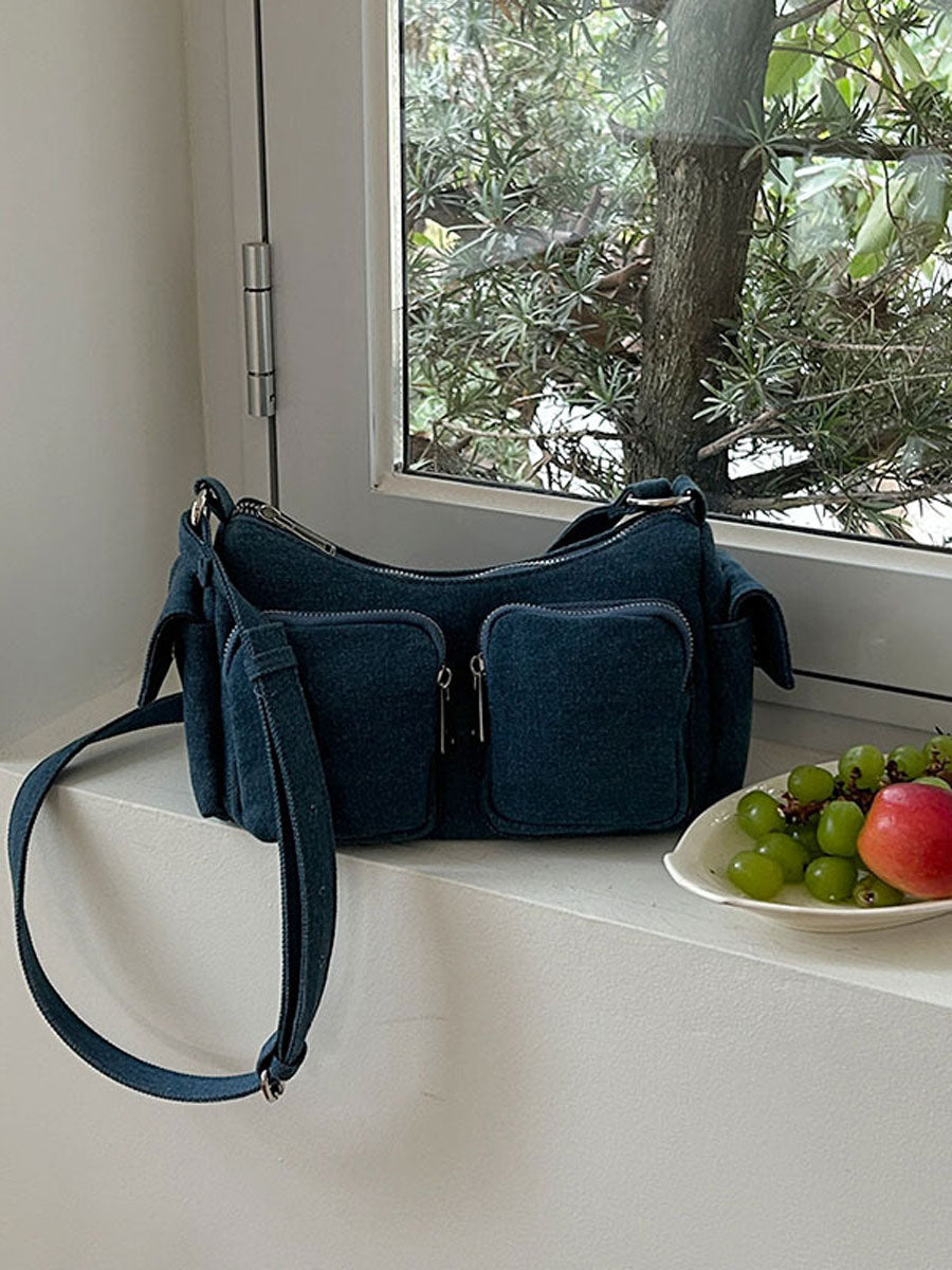 Trendy Shoulder Baguette Bag with Pockets White