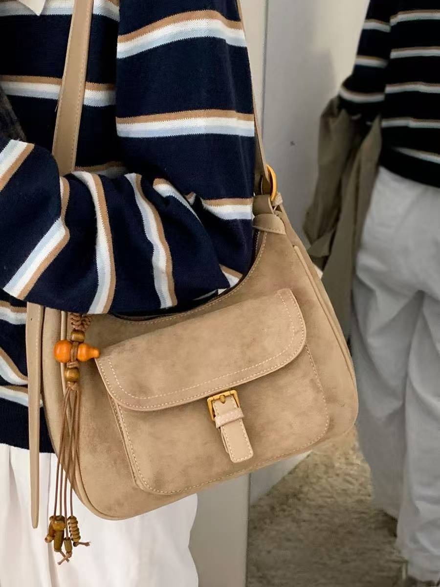 Vintage Suede Commuter Shoulder Bag Khaki