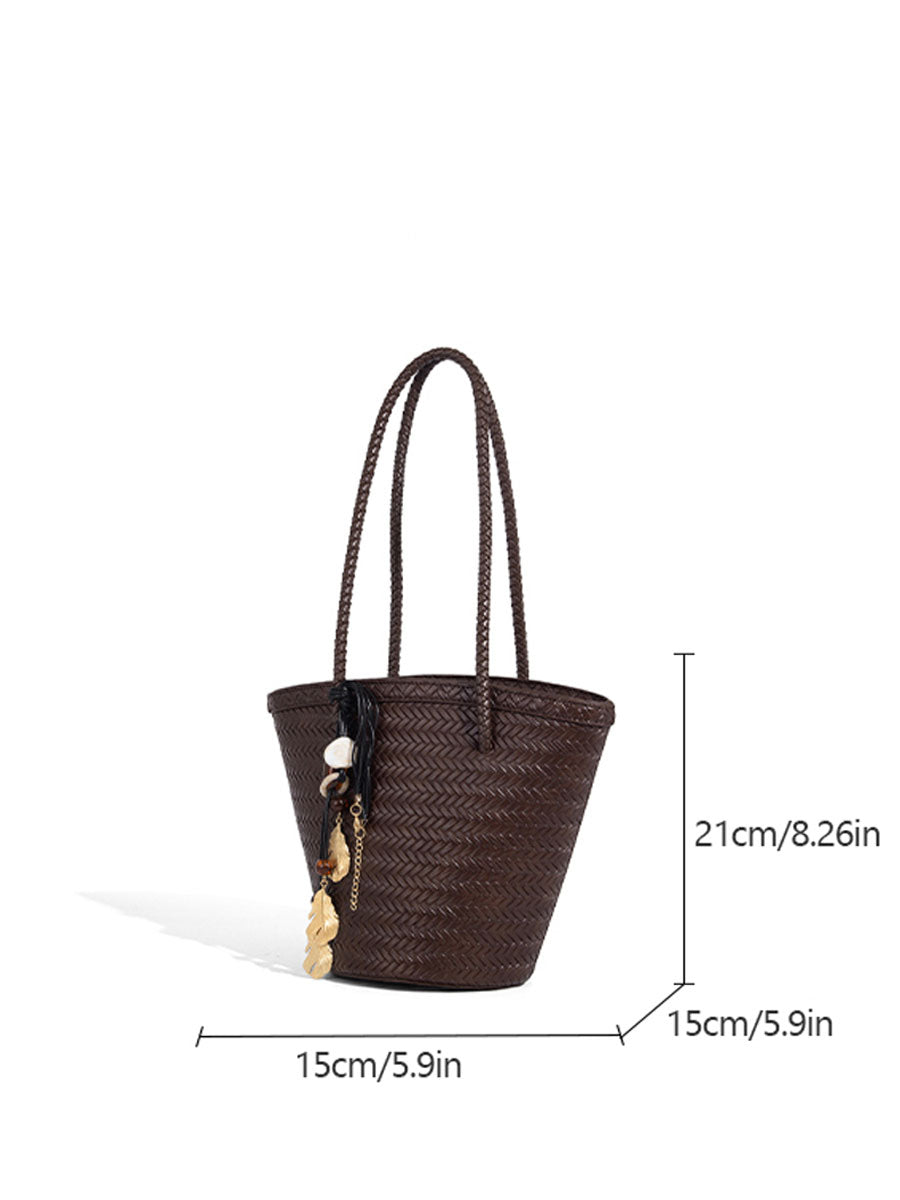 Boho Real Leather Woven Bucket Tote Bag Black