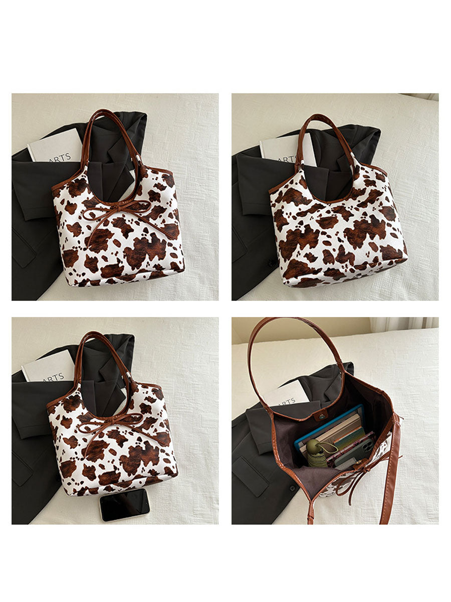 Cow Print Tote Bag with Bow Brown