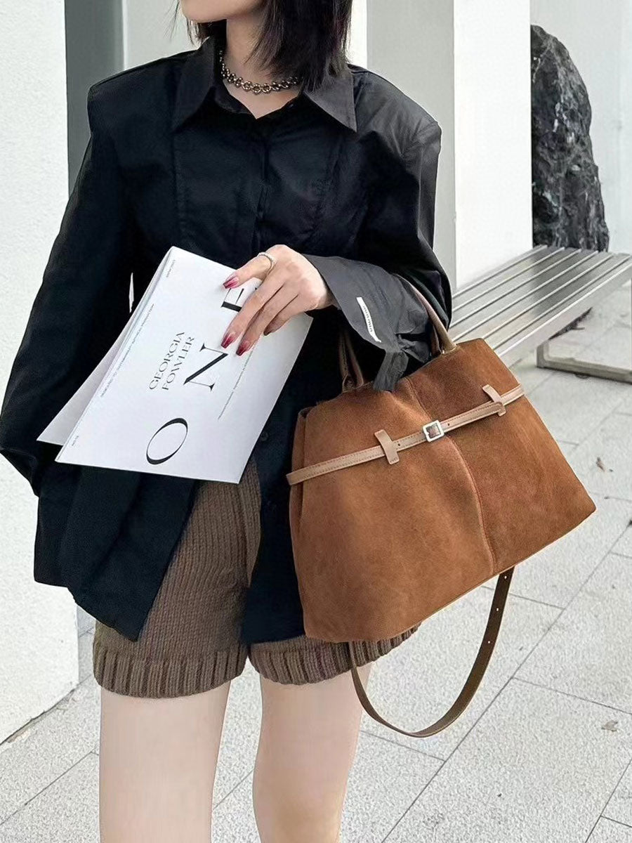 Vintage Suede Tote Bag With Strap Brown Leather