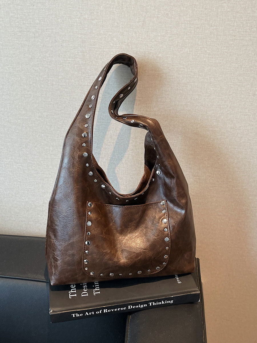 Studded Soft Leather Shoulder Tote Handbag Beige