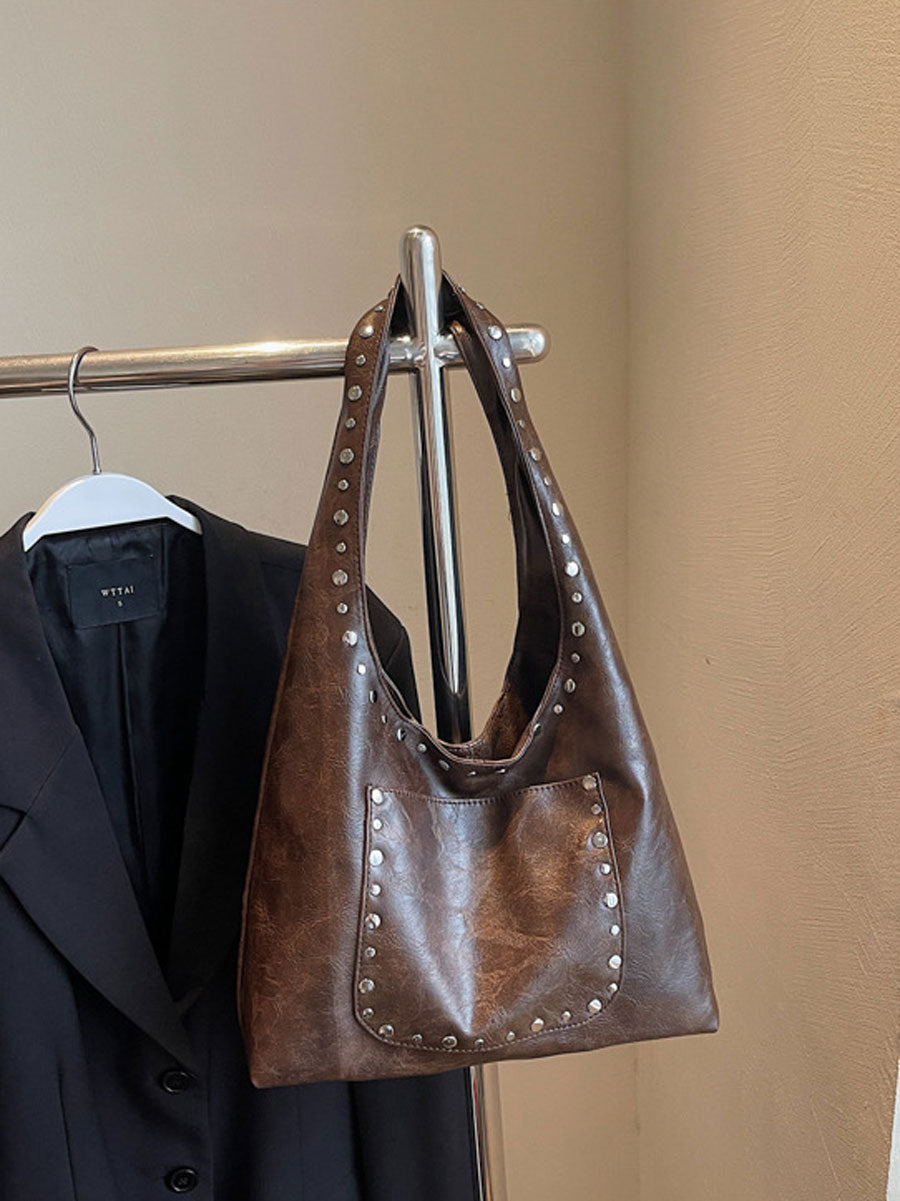 Studded Soft Leather Shoulder Tote Handbag Beige