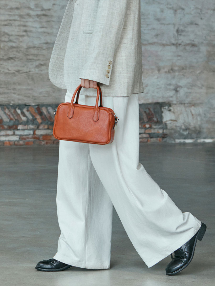 Vintage Leather Box Tote Bag Orange