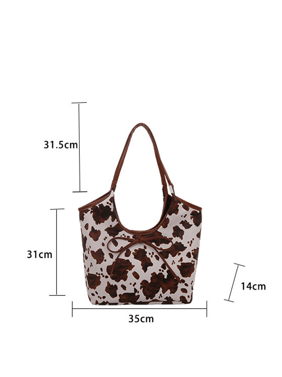 Cow Print Tote Bag with Bow Brown