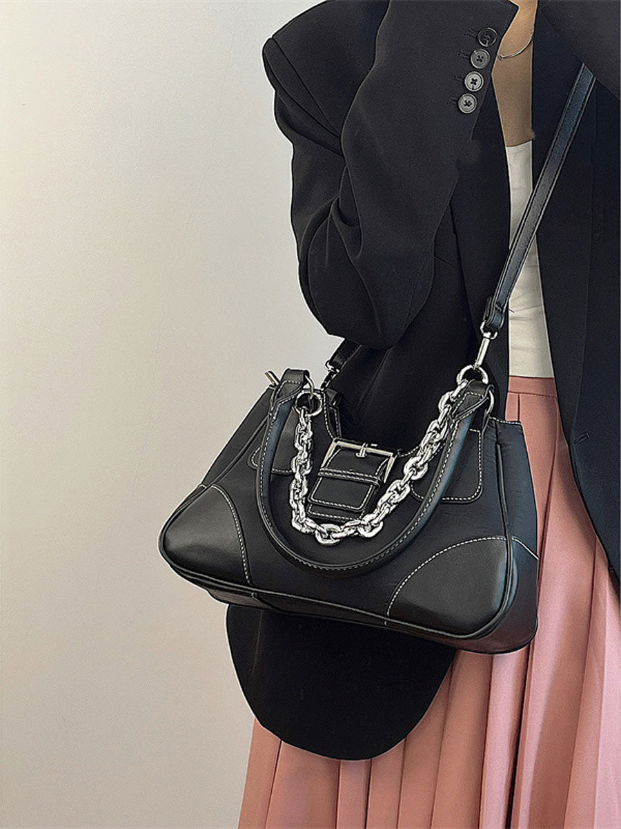 Patent Leather Chain Underarm Shoulder Bag Black