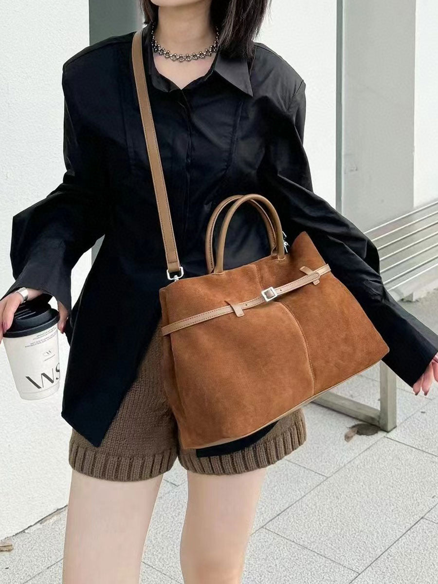 Vintage Suede Tote Bag With Strap Brown Leather