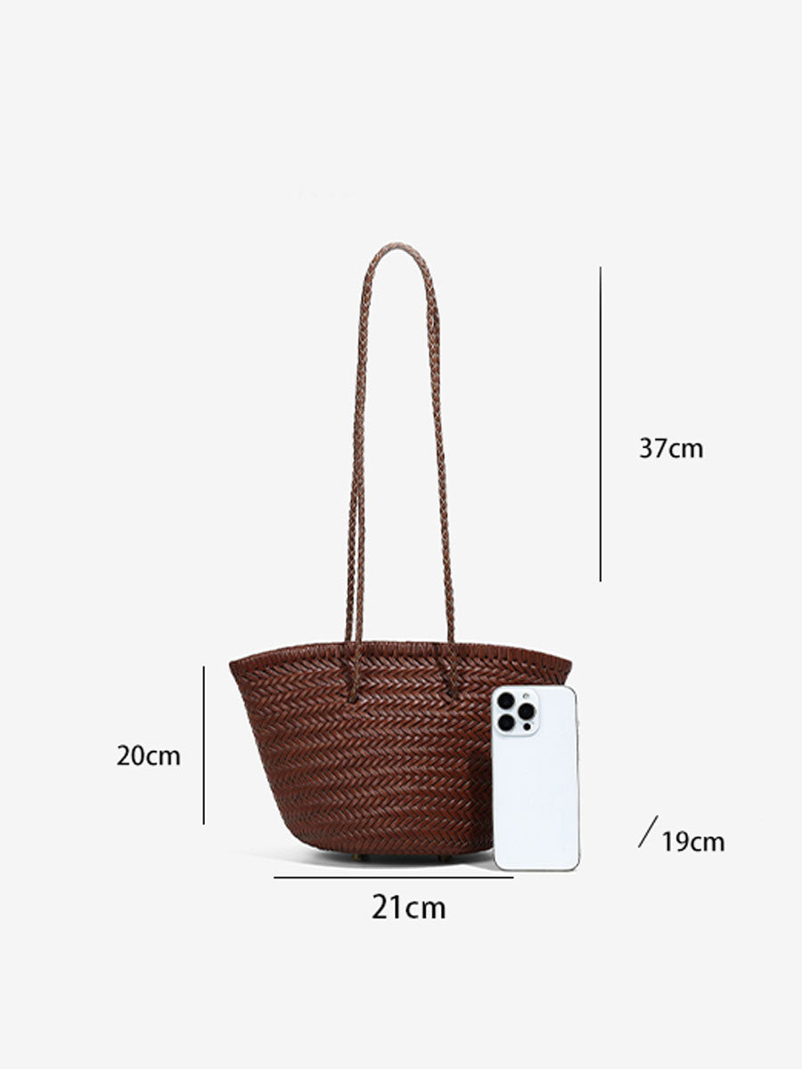 French Vintage Real Leather Bucket Tote White